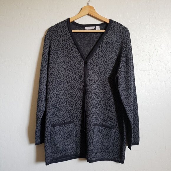 Nordstrom Animal Print Wool Blend Cardigan Sweater V-Neck Black Grey Size Medium - Picture 1 of 10